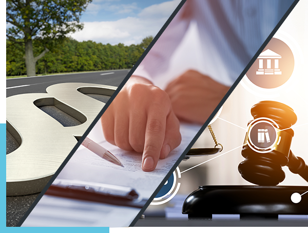 schräg dreigeteiltes Bild – links eine Straße mit darauf liegendem Paragrafzeichen, in der Mitte eine Person, die ein Dokument liest, rechts ein Richterhammer