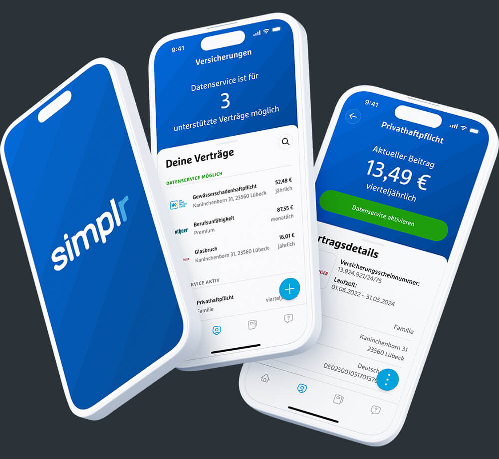 Drei Smartphones auf denen die Simplr Kunden-App genutzt wird