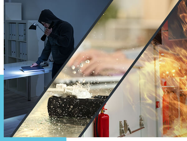 schräg dreigeteiltes Bild – links ein Einbrecher mit Taschenlampe, in der Mitte ein Wasserschaden, rechts ein brennender Innenraum