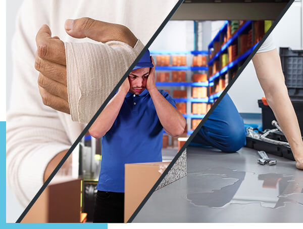 schräg dreigeteiltes Bild – links ein bandagiertes Handgelenk, in der Mitte ein Lagerarbeiter mit erschrockenem Gesichtsausdruck, rechts ein kniender Handwerker vor einer Wasserpfütze