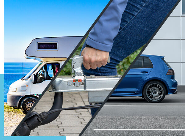 schräg dreigeteiltes Bild – links ein Wohnmobil, in der Mitte eine Hand an einer Anhängerkupplung, rechts Heck eines VW Golfs
