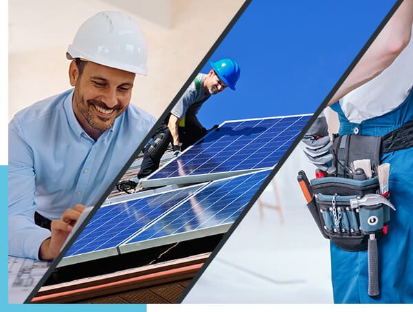 schräg dreigeteiltes Bild – links ein lächelnder Mann mit weißem Bauhelm, in der Mitte ein Bauarbeiter auf dem Dach ein Solarpanel montierend, rechts Ansicht eines Werkzeuggürtels