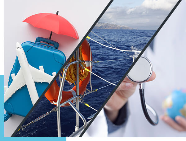 schräg dreigeteiltes Bild – links ein Flugzeugmodell liegt auf einem Reisekoffer und einem Regenschirm, in der Mitte eine Segelbootreling mit dem Blick auf welliges Meer, rechts eine Person hält ein Stethoskop und in der anderen Hand eine kleine Globus