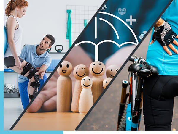 schräg dreigeteiltes Bild – links Physiotherapeut hilft Patientin mit Knieorthese, in der Mitte lächelnde Holzfiguren unter gemaltem Regenschirm, rechts eine Radfahrerin von hinten mit Mountainbike